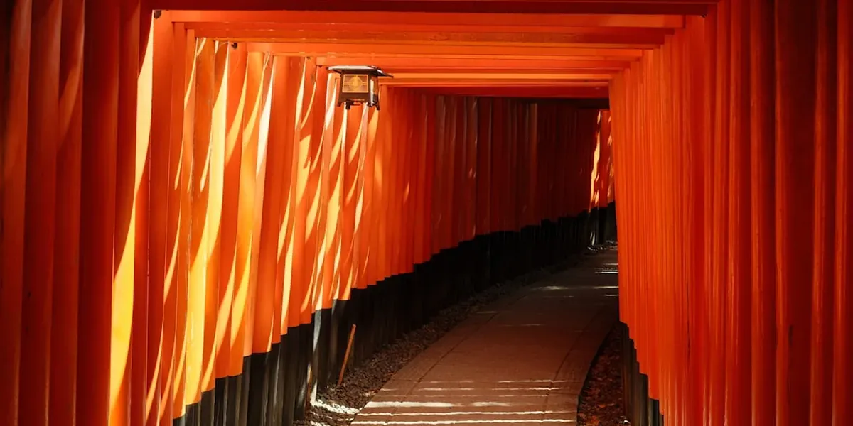 Fushimi Inari torii gates at dawn with soft morning light and no crowds in Kyoto