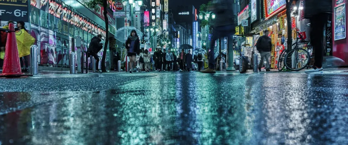 Heavy rain and wind on a Japan street during typhoon season