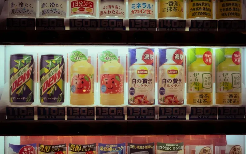 Row of Japanese vending machines with drinks and food options lit up at night
