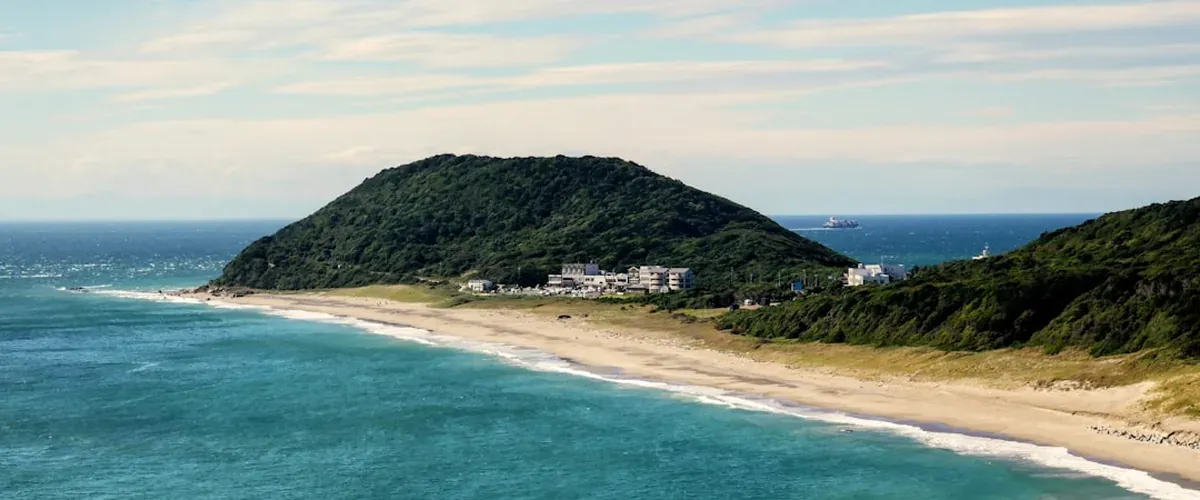 Yuigahama beach in Kamakura Japan with the Pacific Ocean and coastal scenery