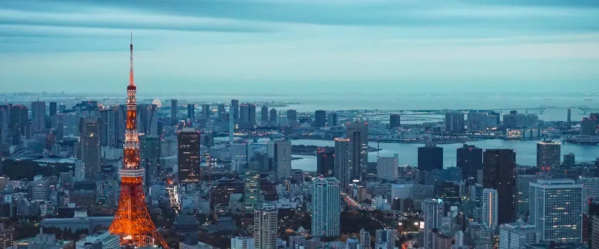 Fukuoka city skyline at dusk viewed from above showing the bay and modern buildings